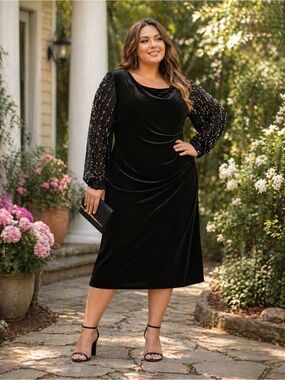 MARINA Black Velvet Midi Dress with Sheer Sequin Sleeves